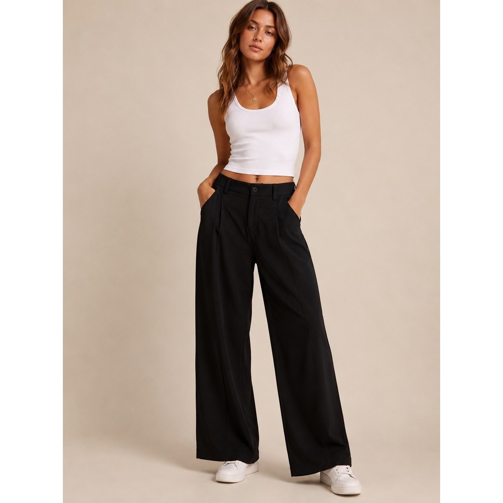 Halara Women Pants XL Black Wide Leg High Waisted Pleated Elastic Back Pockets